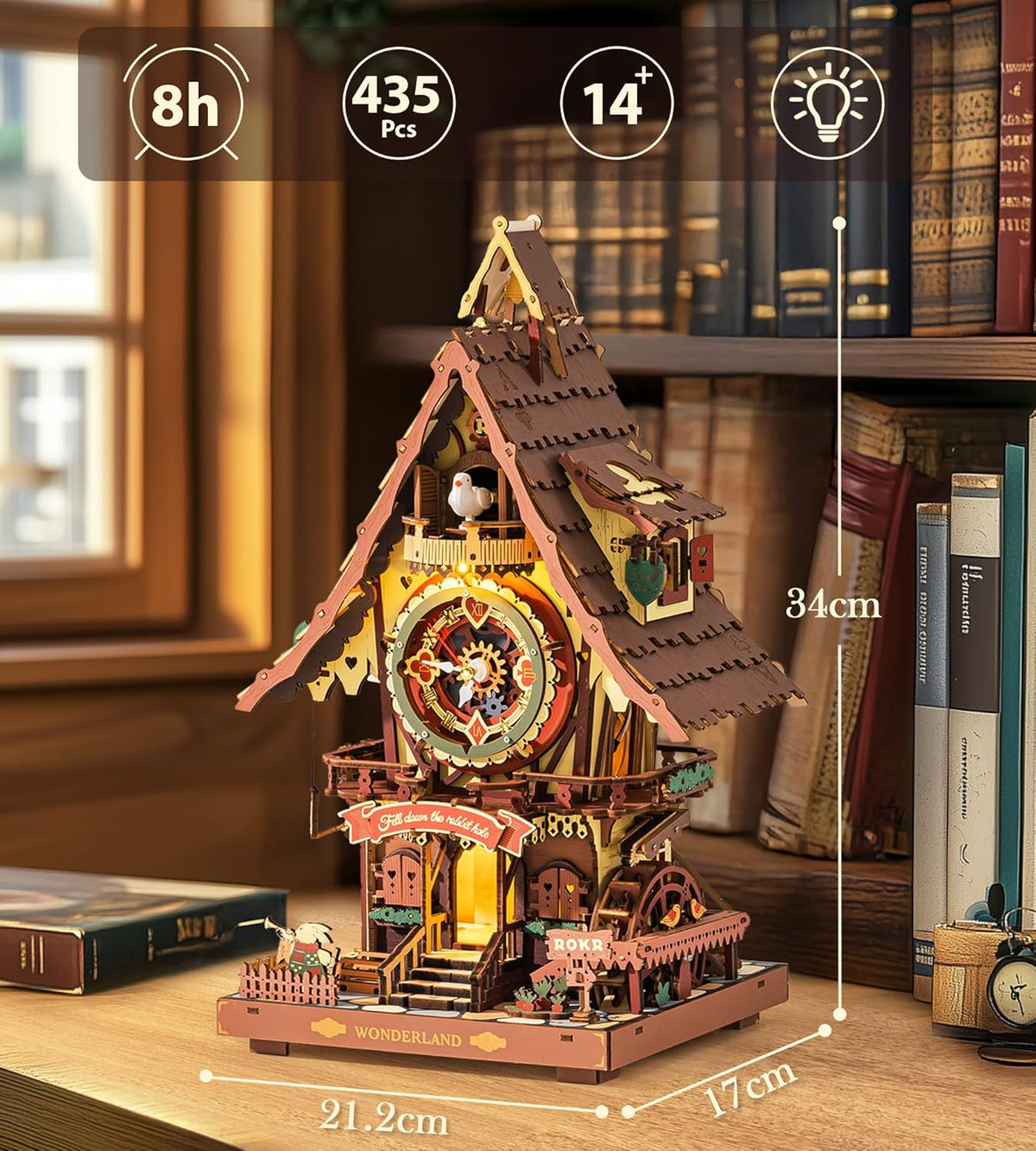 ROKR Reloj de cuco rompecabezas de madera 3D con luz LED y timbre por hora