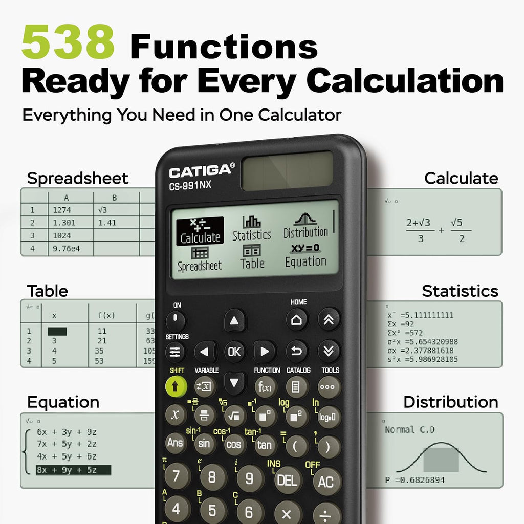 CATIGA Calculadora científica negra con pantalla HD estilo libro de texto, calculadoras científicas solares y de batería para estudiantes universitarios, secundaria e ingeniería, menú de iconos y