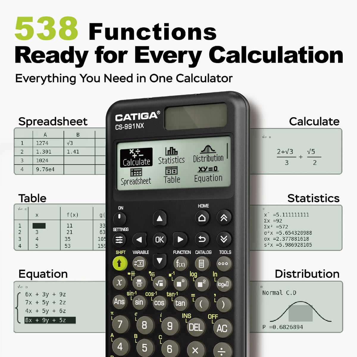 CATIGA Calculadora científica negra con pantalla HD estilo libro de texto, calculadoras científicas solares y de batería para estudiantes universitarios, secundaria e ingeniería, menú de iconos y