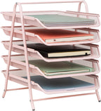 Mind Reader 5-Tier Paper Tray Organizer, Vertical Desktop File Storage Rack, Office, metal Mesh, Pink