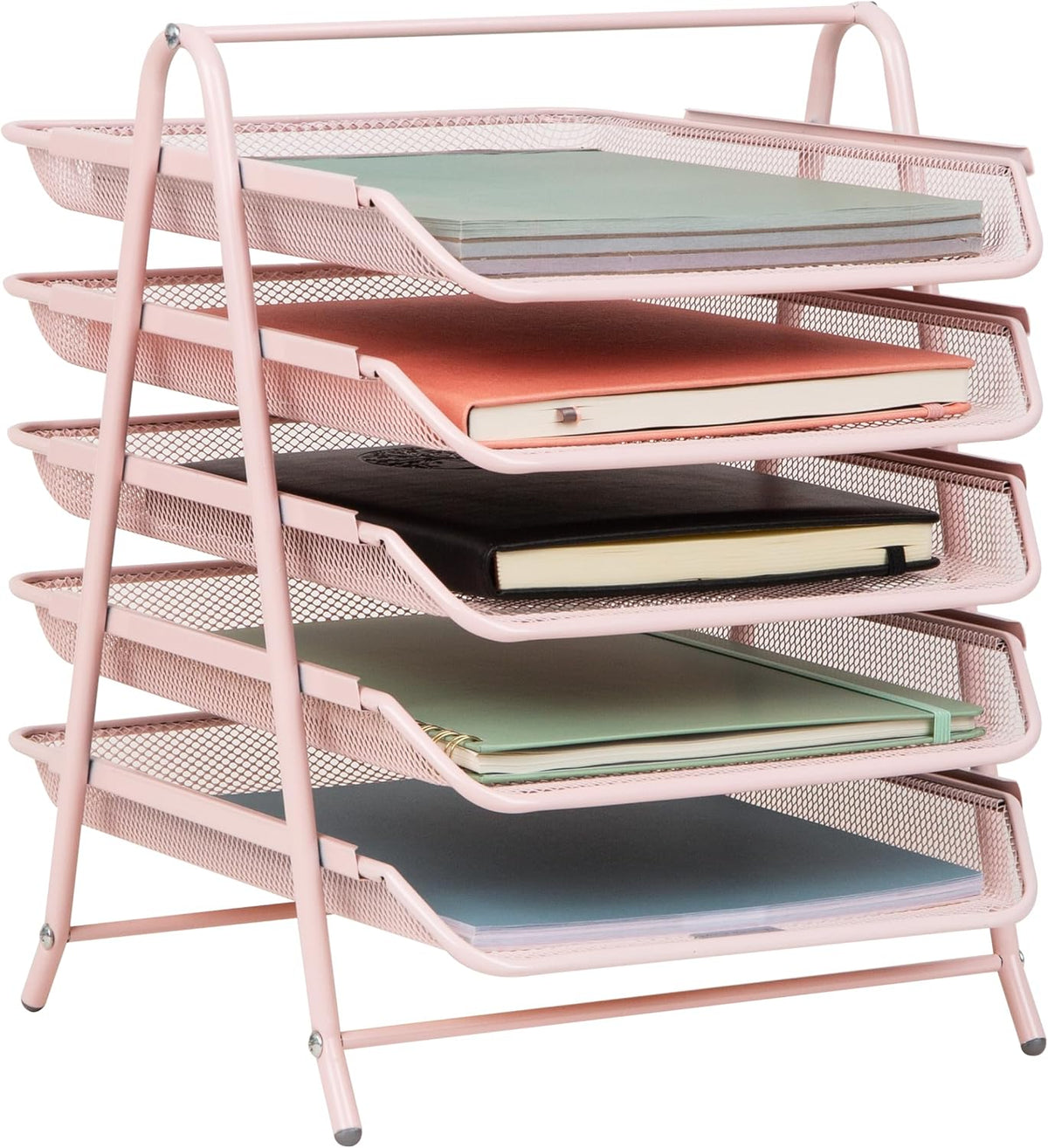 Mind Reader 5-Tier Paper Tray Organizer, Vertical Desktop File Storage Rack, Office, metal Mesh, Pink