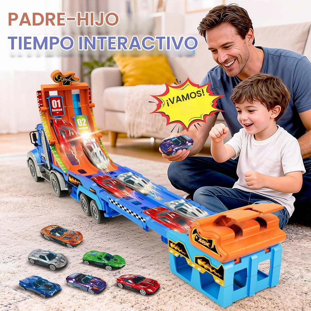Camiones de juguete para niños de 3 a 5 6 a 8 años, camión transportador de automóviles de juguete con pista de carreras