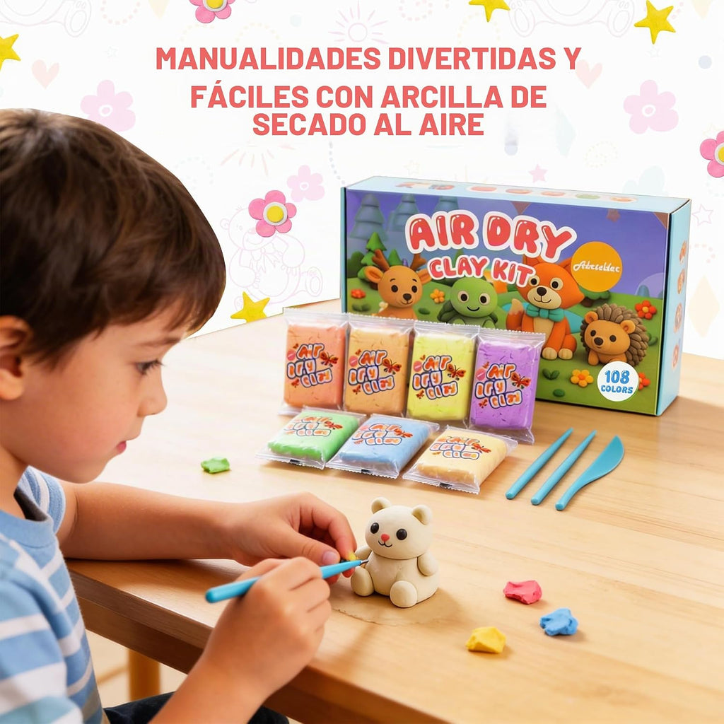 Arcilla seca al aire para niños, kit de arcilla suave de 108 colores, no tóxico, modelo de bricolaje de arte y manualidades juguetes con herramientas de escultura, kit de manualidades pintable