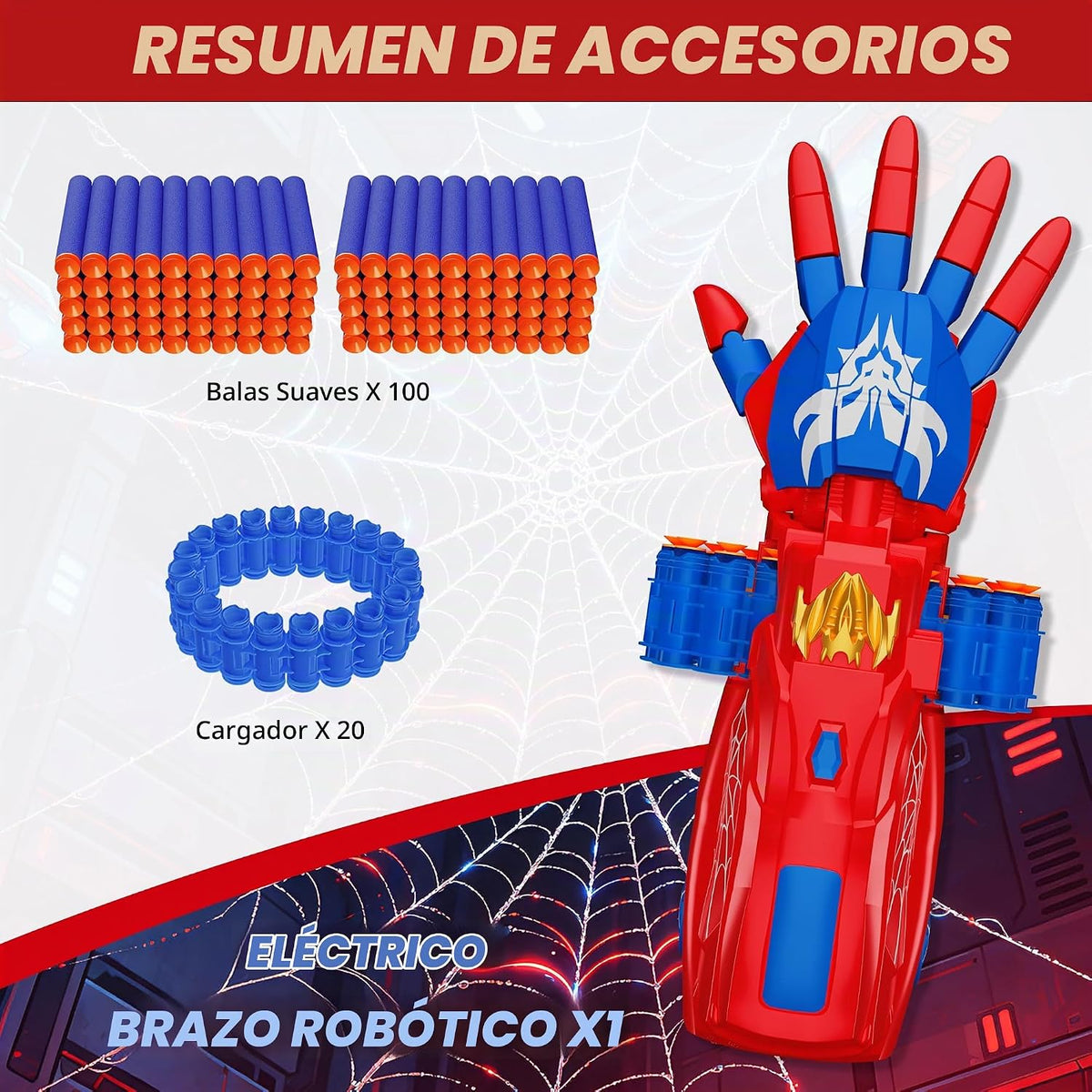 Pistola de juguete de dardos de espuma motorizada de superhéroe, accesorios