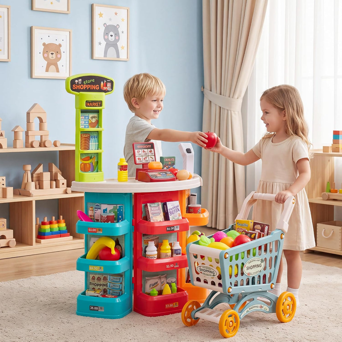 Costzon Juego de tienda de comestibles, juego de simulación de tienda de comestibles con carrito de compras, canasta, comida de juguete, escáner, sonido y luz, caja registradora de juego de simulación