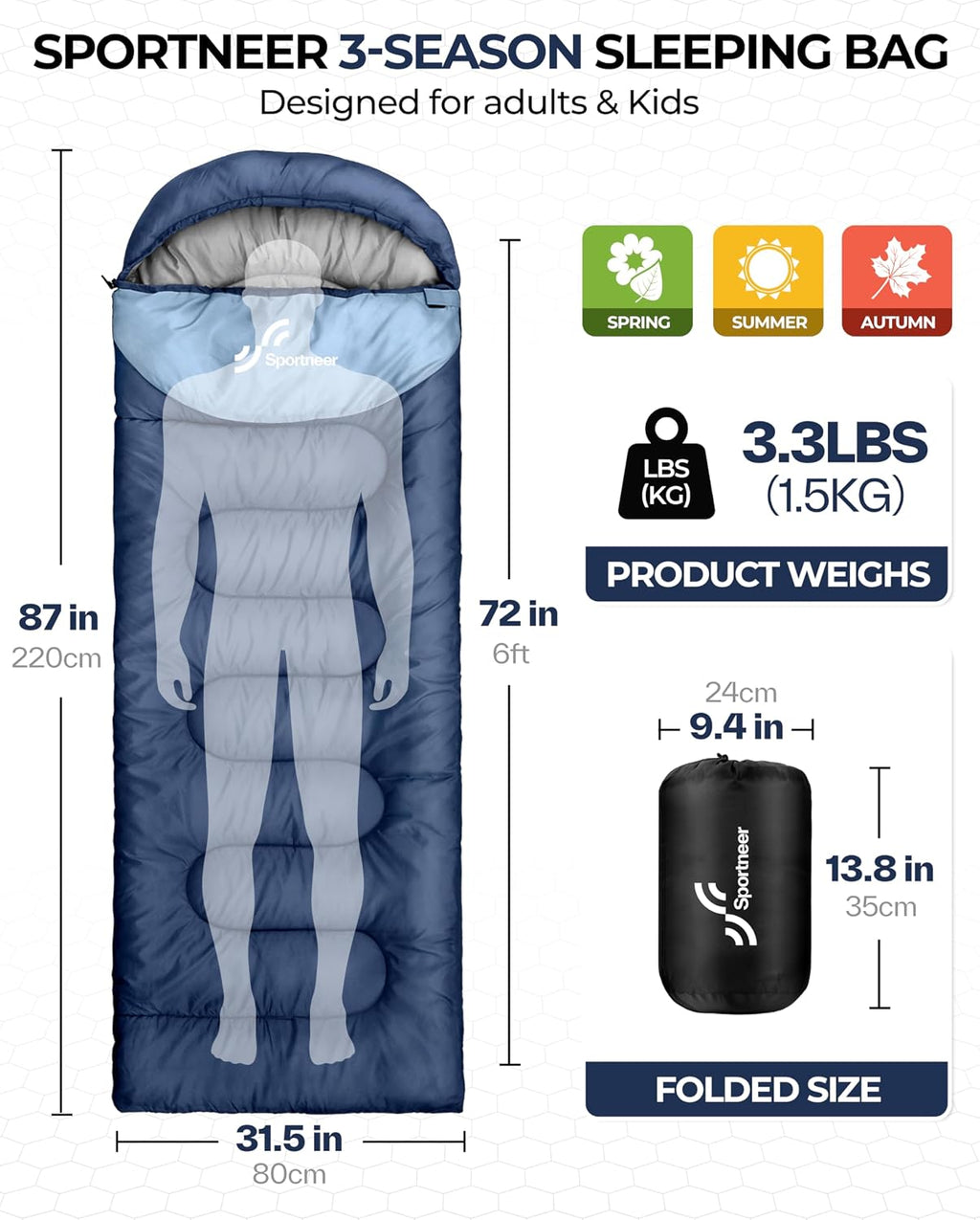 Sportneer Saco de dormir, 3 estaciones, cálido y frío, saco de dormir para adultos, niños y niñas, con saco de compresión, accesorios ligeros para equipo de camping, mochileros, senderismo