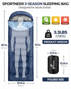 Sportneer Saco de dormir, 3 estaciones, cálido y frío, saco de dormir para adultos, niños y niñas, con saco de compresión, accesorios ligeros para equipo de camping, mochileros, senderismo