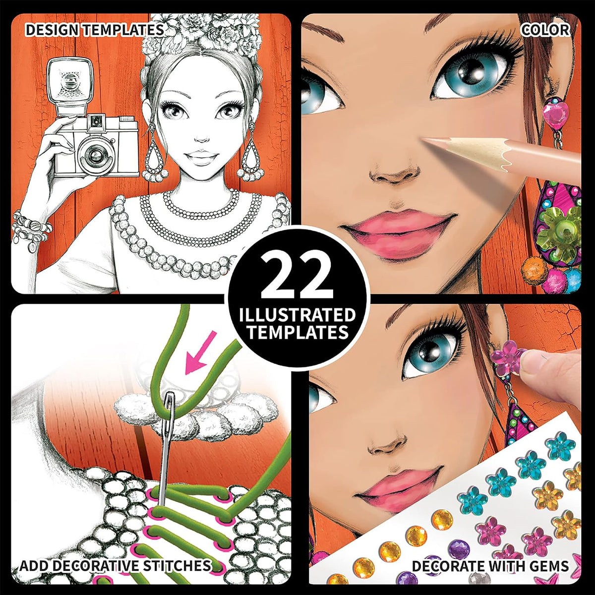 Style Me Up: Color & Stitch, kit de arte para niños, incluye 22 hojas de papel ilustradas, las plantillas cuentan con una gama de diseños, para edades de 8 años en adelante
