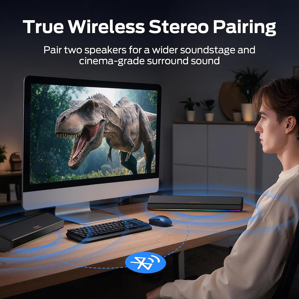Monster SD100 Altavoces de computadora para PC de escritorio, altavoces estéreo de PC de 28 W con emparejamiento inalámbrico TWS, Bluetooth 6.0 y barra de sonido auxiliar de 0.1 in, graves profundos