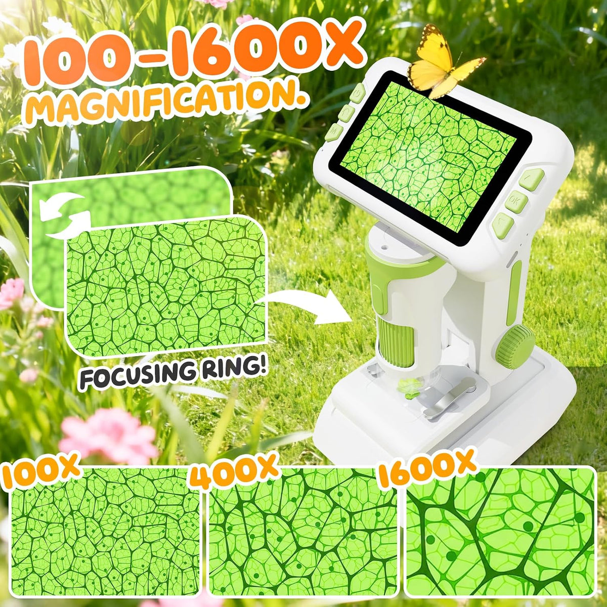 Microscopio 1600X para niños, pantalla digital 1080P de 4.0 pulgadas con kit de diapositivas, juguetes educativos de ciencia para regalos de cumpleaños de Navidad para niños de 3 a 14 años de edad, estudiantes