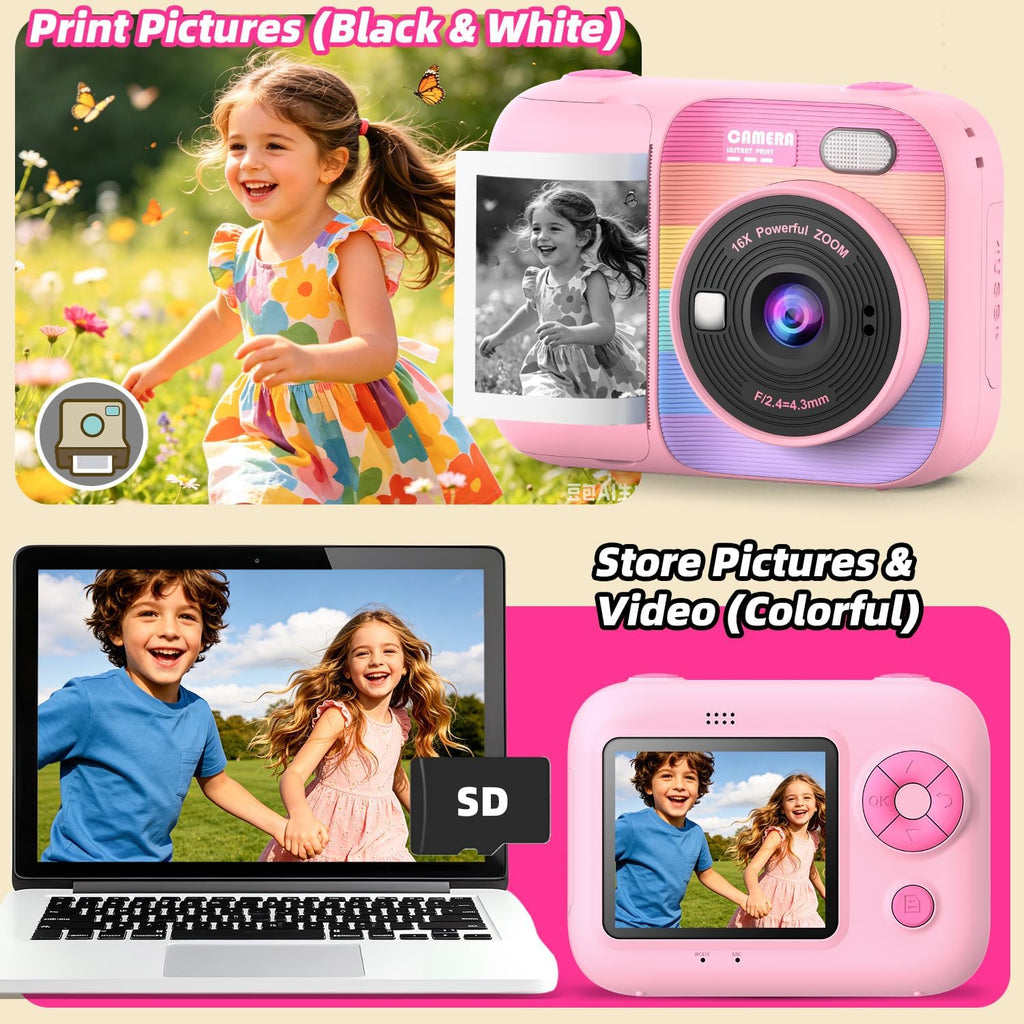 Cámara de impresión instantánea para niños con 5 rollos de papel de impresión, cámara HD 1080P, cámara portátil recargable para selfies, regalos de cumpleaños de Navidad, juguetes para niños y niñas
