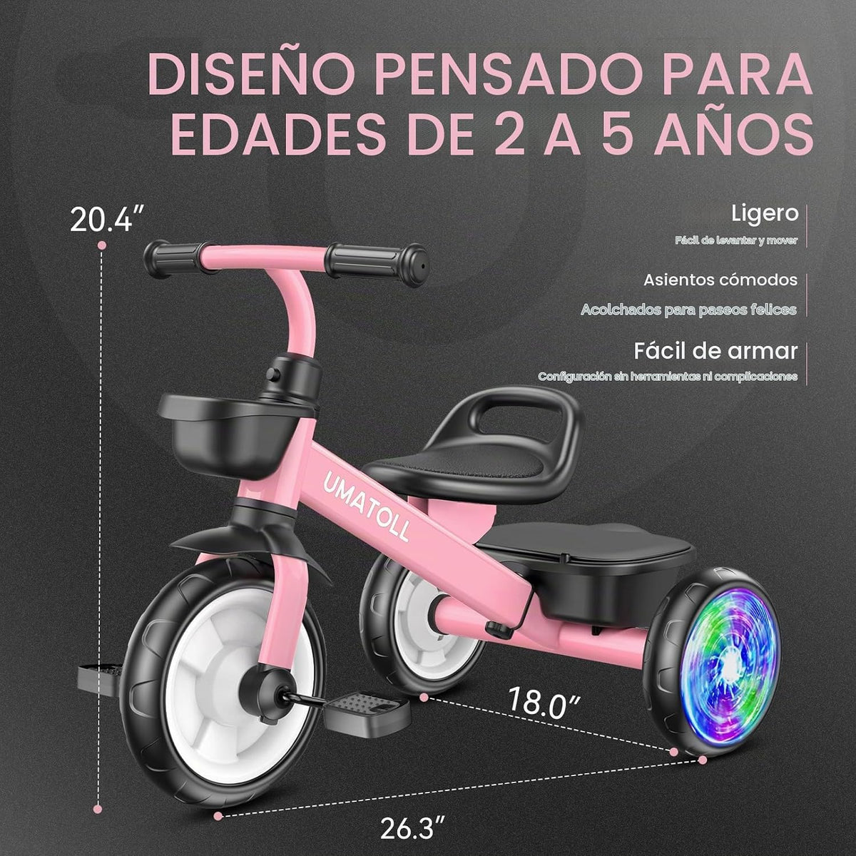 Umatoll Triciclo para niños pequeños de 2 a 5 años, bicicleta ajustable para niños pequeños, juguetes al aire libre, regalo de cumpleaños para niñas de 2 a 4 años, triciclo con ruedas iluminadas