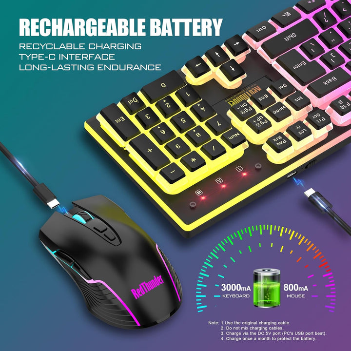 RedThunder K10 - Combo de teclado y ratón inalámbricos para juegos,...