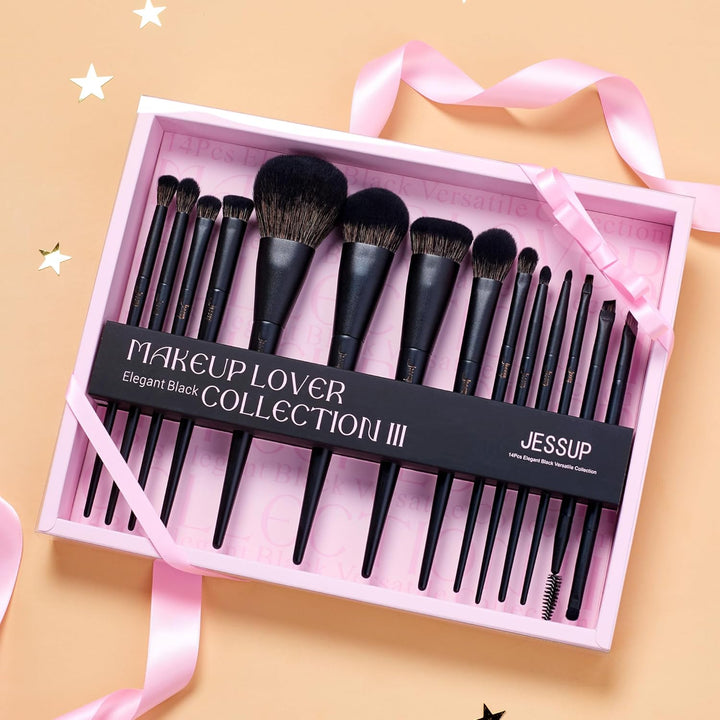 Jessup Juego de brochas de maquillaje Jessup 14 piezas Kabuki negra...