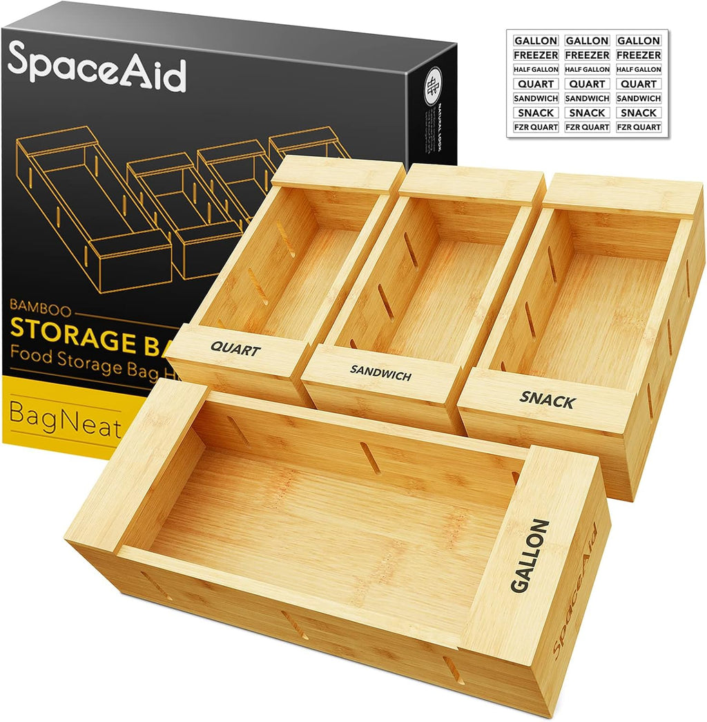 SpaceAid Organizador de almacenamiento de bolsas para cajón de cocina, Organizador de bambú, Compatible con galón, cuarto de galón, sándwiches y aperitivos, para bolsas de distintos tamaños (4