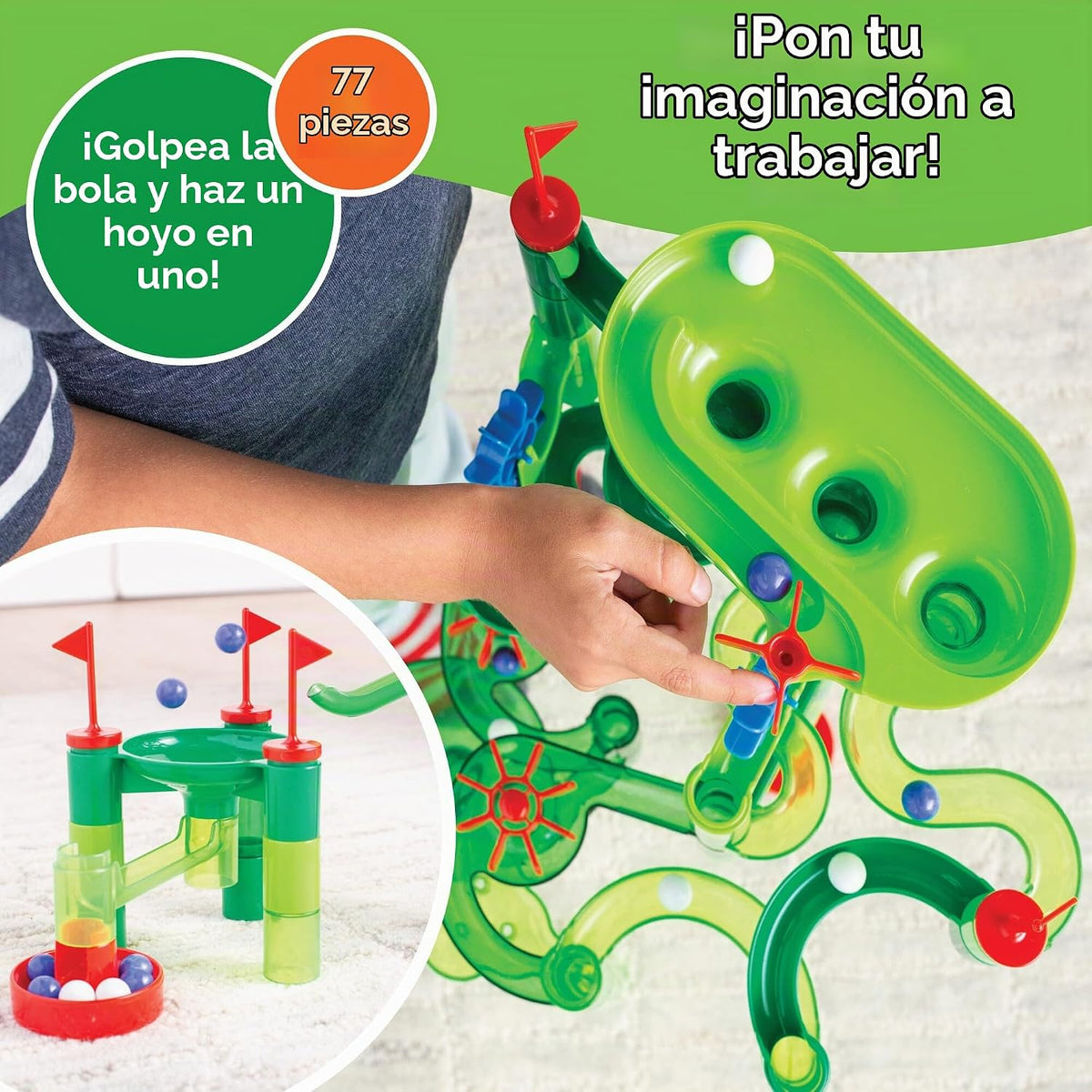 MindWare Marble Run Mini Golf – Juguetes de construcción para niños de 4 a 8 años – Giro único en la carrera clásica de canicas para niños de 4 a 8 años – Laberinto de mármol incluye 75 piezas de pista, 20 canicas y nuevos componentes emocionantes