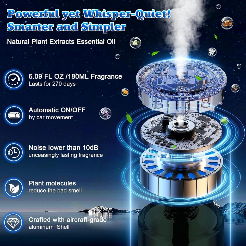 Difusor inteligente de ambientador para automóvil, difusor de aceite esencial de larga duración de 270 días para automóvil con sensor de encendido/apagado automático