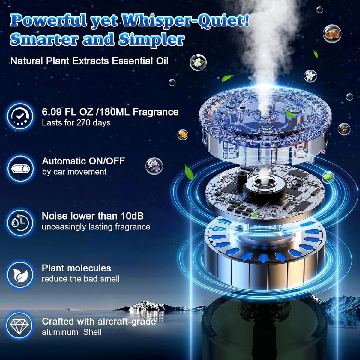 Difusor inteligente de ambientador para automóvil, difusor de aceite esencial de larga duración de 270 días para automóvil con sensor de encendido/apagado automático