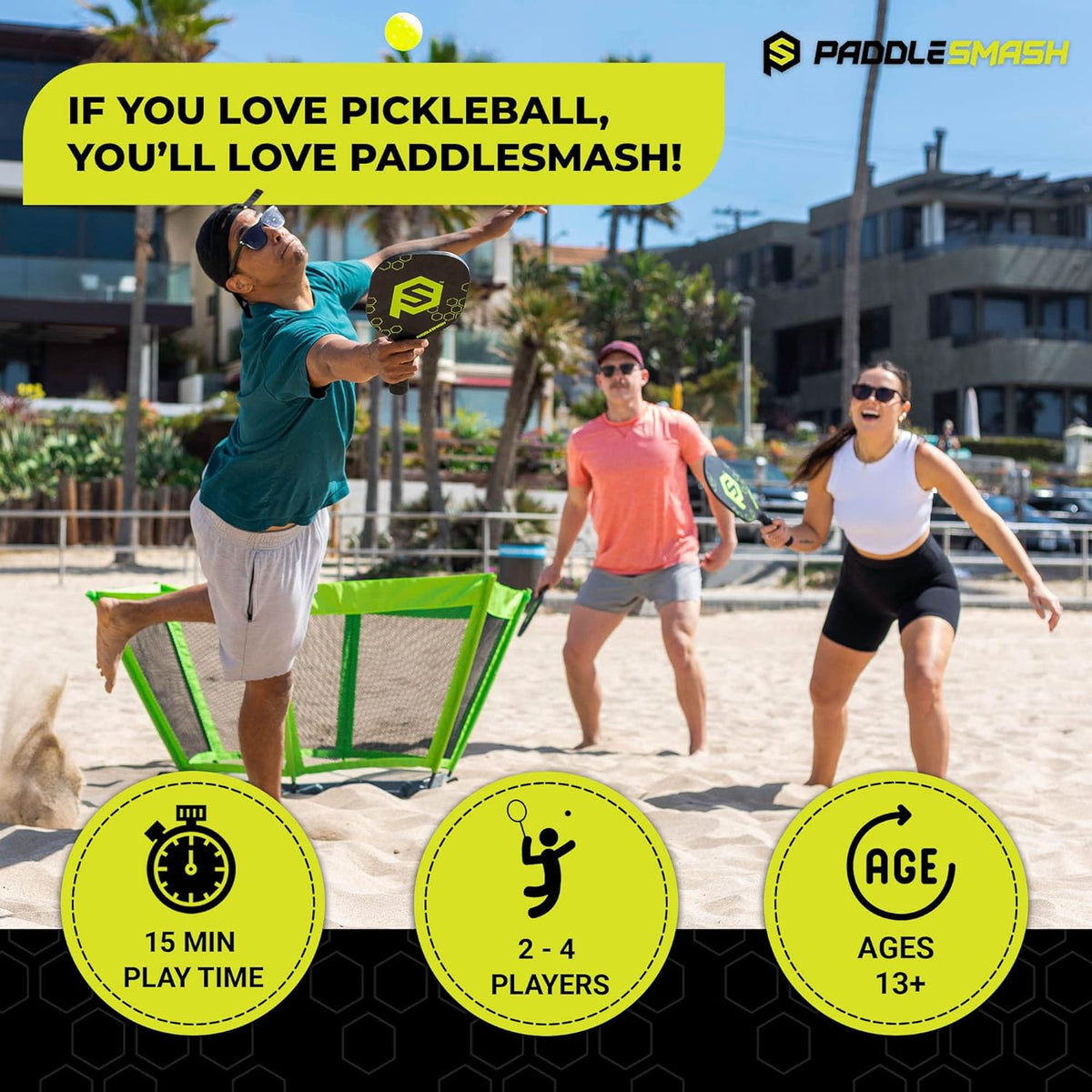 Juego de pickleball para patio, como se ve en Shark Tank, playa, patio trasero, césped, actividades al aire libre para adultos y familia - Fácil montaje, incluye 4 paletas, 2 bolas y