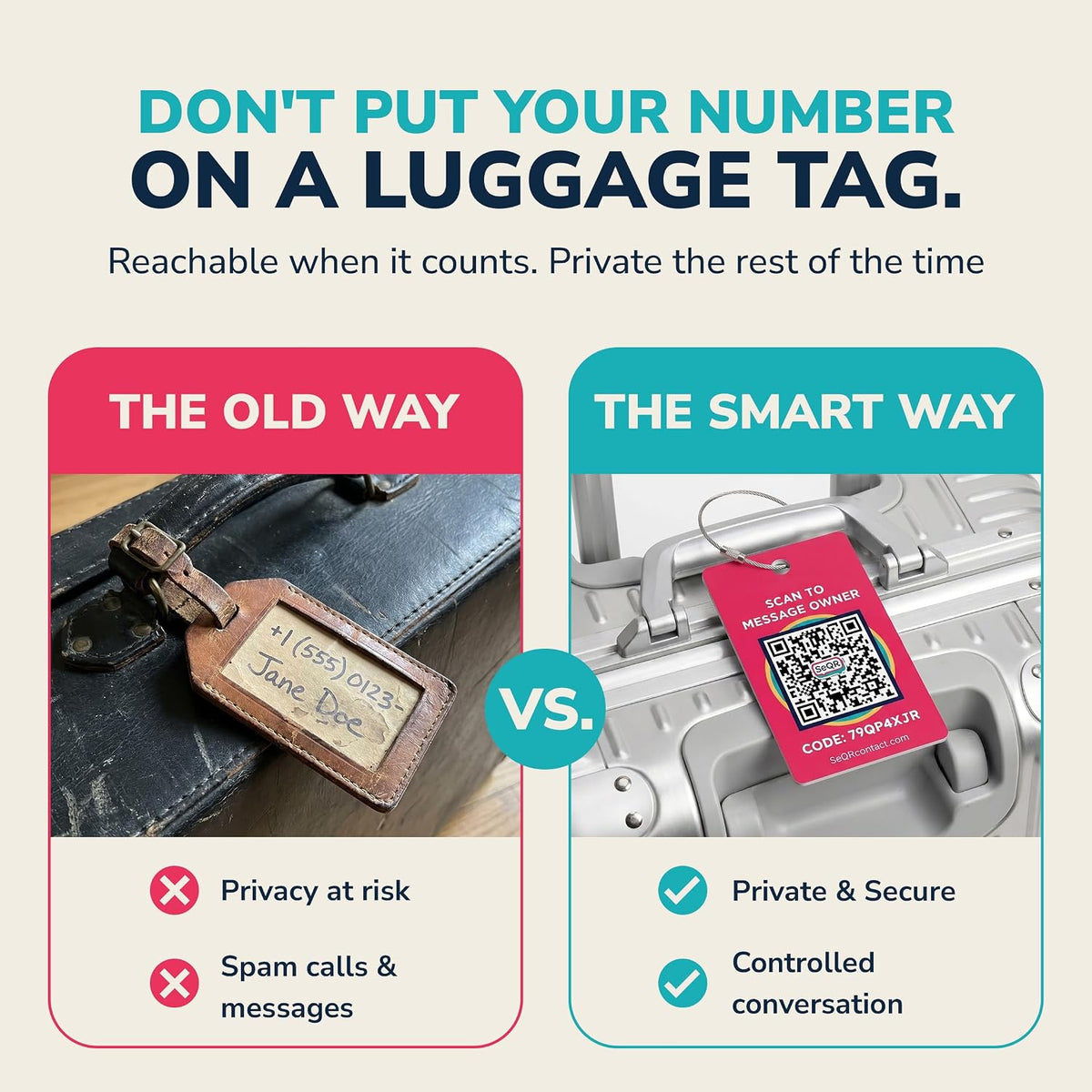 Etiqueta inteligente para equipaje - Etiquetas de código QR de privacidad para maletas de viaje, paquete de 2 unidades, color rojo