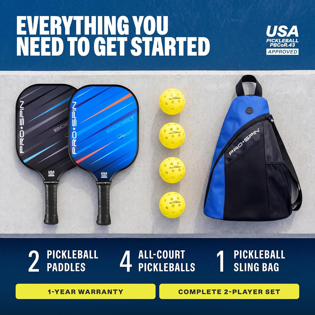 PRO-SPIN BOOST Paletas de Pickleball (Set de 2 o 4) con Pelotas para Todas las Superficies y Bolsa
