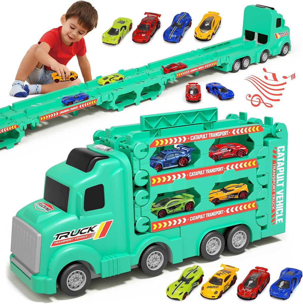 Camión transportador de automóvil de juguete para niños de 3, 4, 5 años, pista de carreras de eyección de 50 pulgadas con 8 autos, sonido y luz, el mejor juego de juguetes de regalo de cumpleaños para niños y niñas