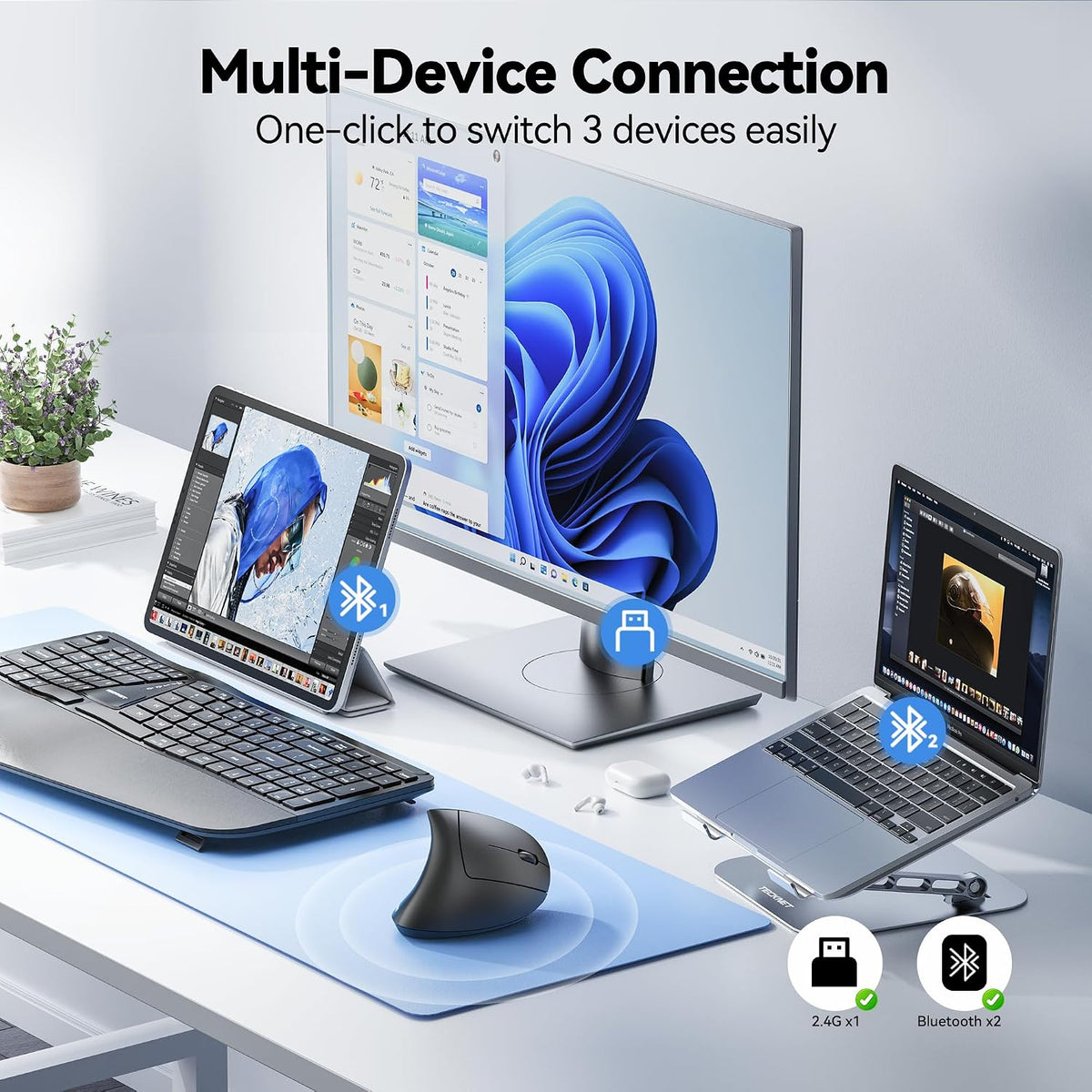 TECKNET Ratón Ergonómico, Ratones Verticales Recargables 2.4G+Bluet...