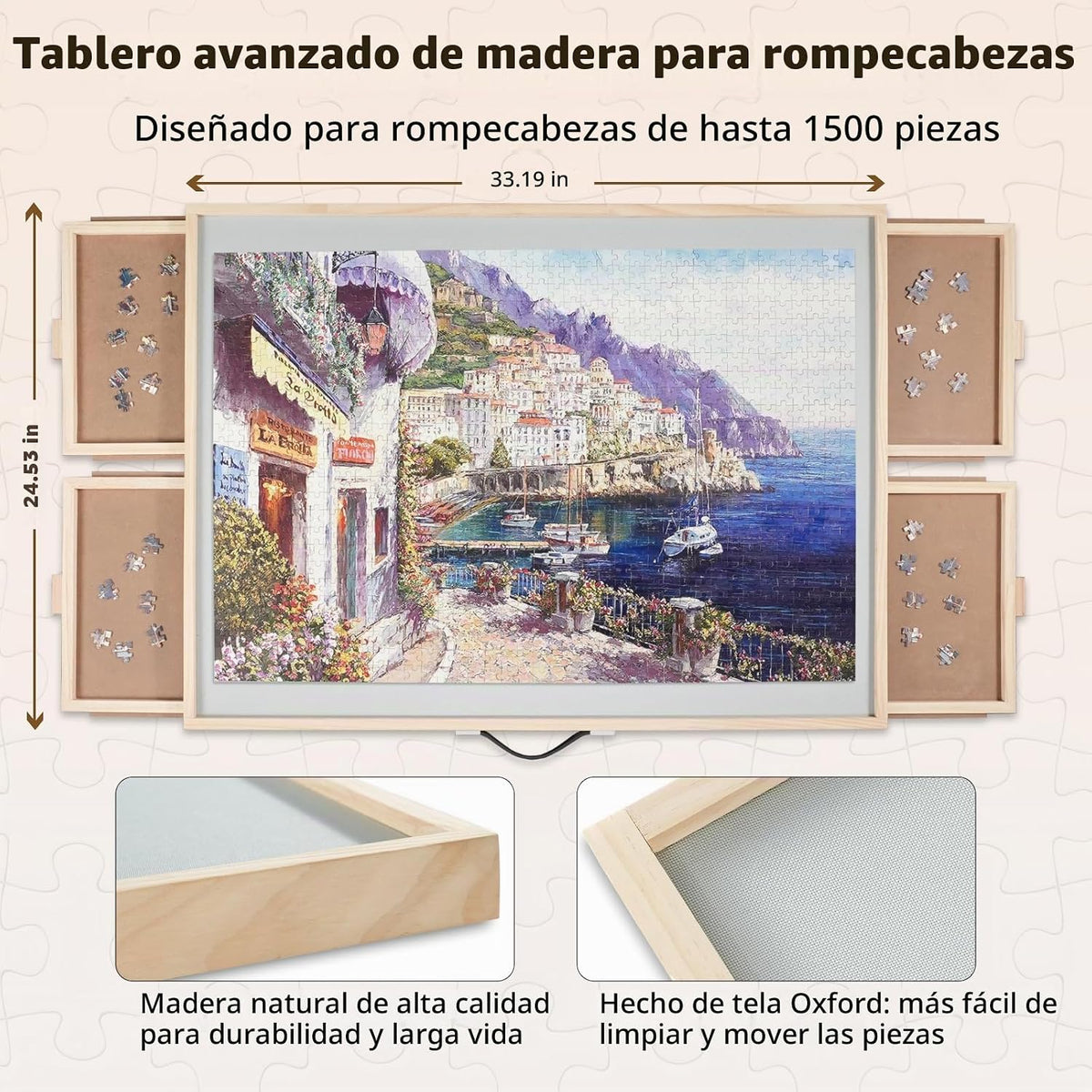 ALL4JIG 1500 piezas 2 en 1 tabla de rompecabezas inclinable y giratoria para adultos, mesa de rompecabezas de madera de 24.53 x 33.19 pulgadas con 4 cajones, tablero portátil con Lazy Susan y cubierta, con un caballete de mesa de inclinación estilo caball