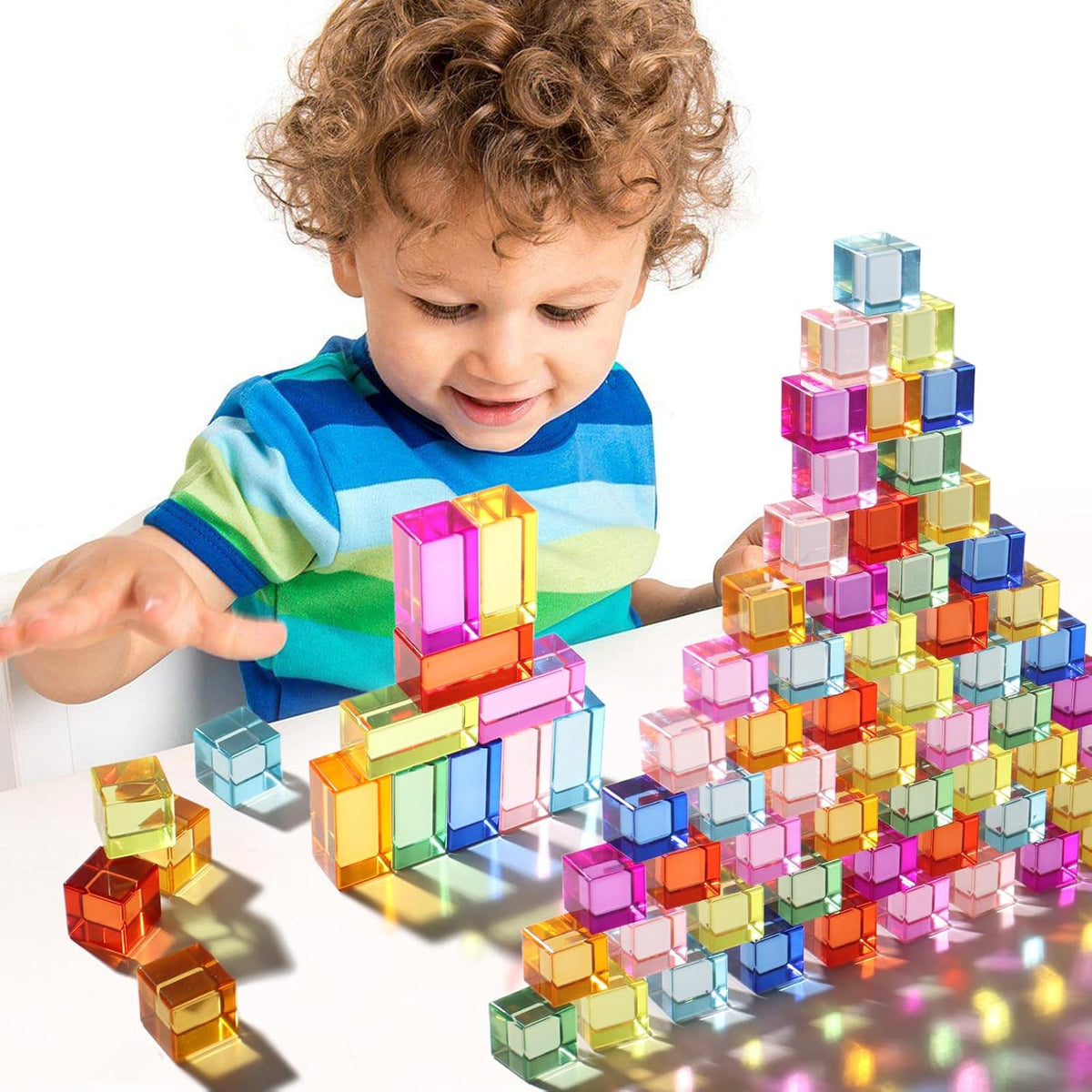 Juego de 30 bloques acrílicos mixtos – 10 largos (1.0 x 1.0 x 2.0 in) + 20 cubos (1.0 x 1.0 x 1.0 in), bloques de gemas arcoíris, juguete apilable sensorial para niños y niñas de 1, 2, 3, 4 años