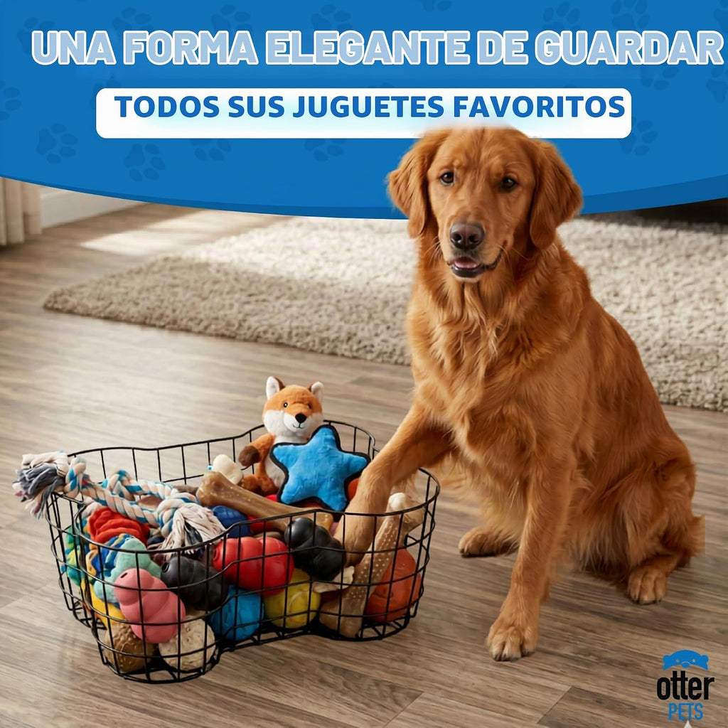 Cesta de juguetes de metal para perros con forma de hueso, cubo