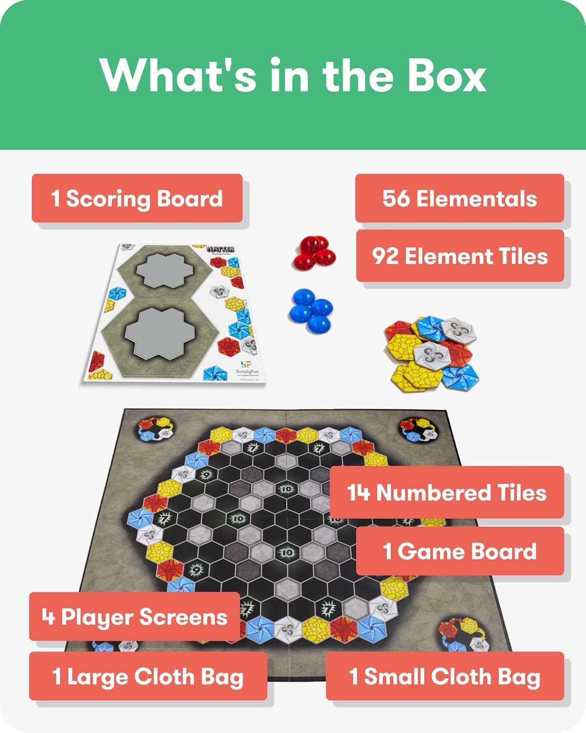 SimplyFun Juego de mesa Matter – Juego de estrategia de control de área para adolescentes y adultos a partir de 10 años – Incluye tablero de juego, 92 fichas de elementos, 56 elementales, 14 fichas de