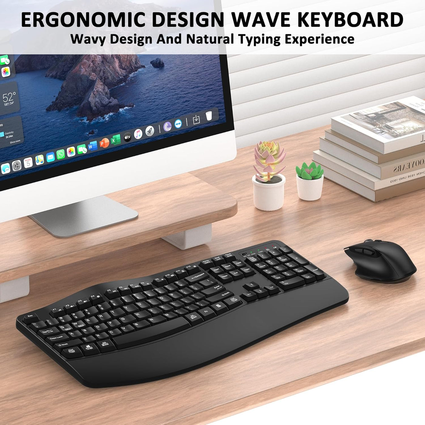 EDJO - Combo de teclado y mouse inalámbricos, teclas onduladas de t...