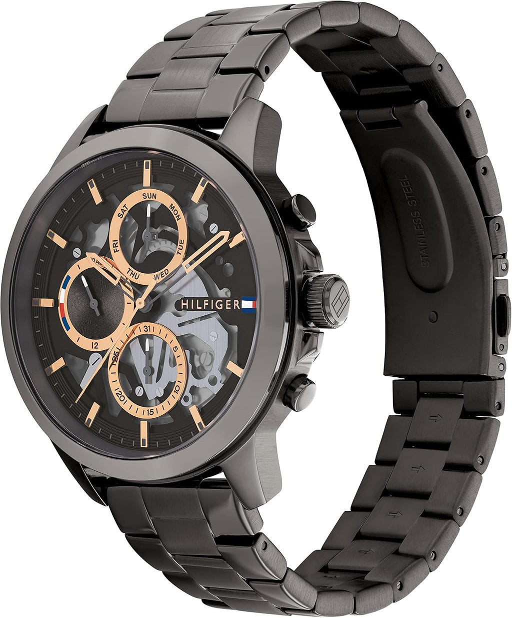 Reloj elegante de hombre Tommy Hilfiger – Cuarzo multifunción, caja de acero inoxidable, esfera esqueletizada, brazalete de eslabones – Regalo para él