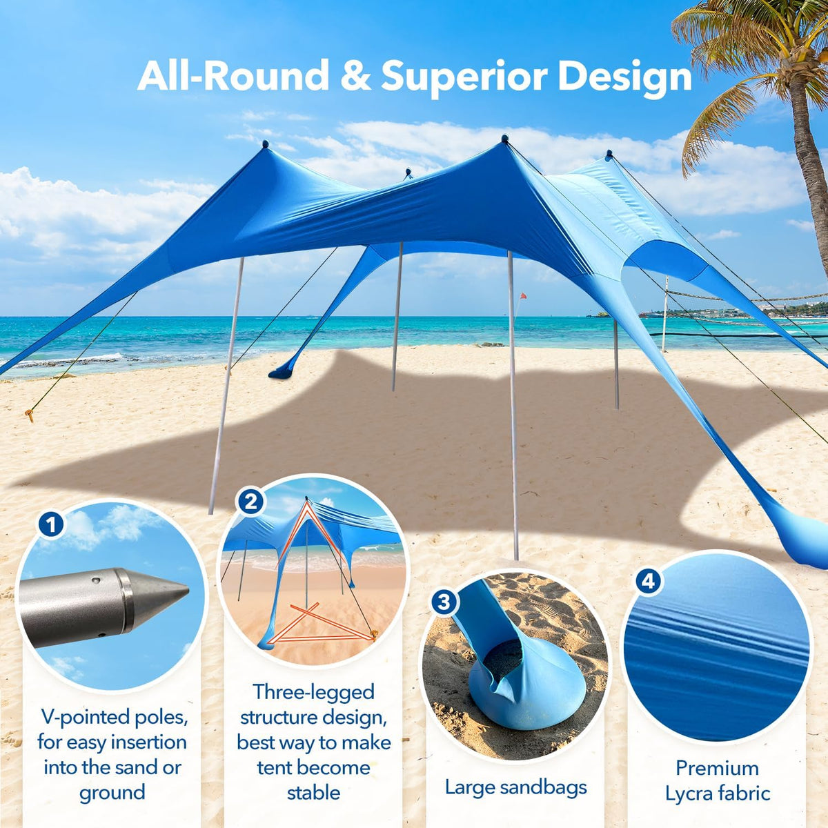 Tienda de campaña de playa con protección UPF50+, refugio solar portátil con postes de bolsa de arena, clavijas de tierra y cuerdas antiviento para acampar al aire libre, patio trasero, Picni