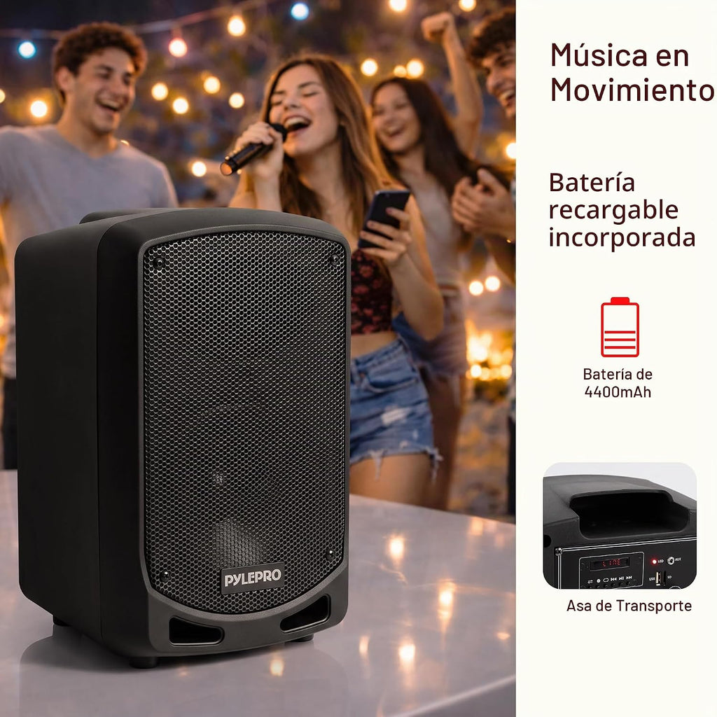 Pyle Sistema de Altavoces PA Bluetooth Portátil - Sistema de Sonido de Karaoke para Interiores y Exteriores con Micrófono Inalámbrico, Grabación de Audio, Batería Recargable, Lector USB/SD, Soporte de
