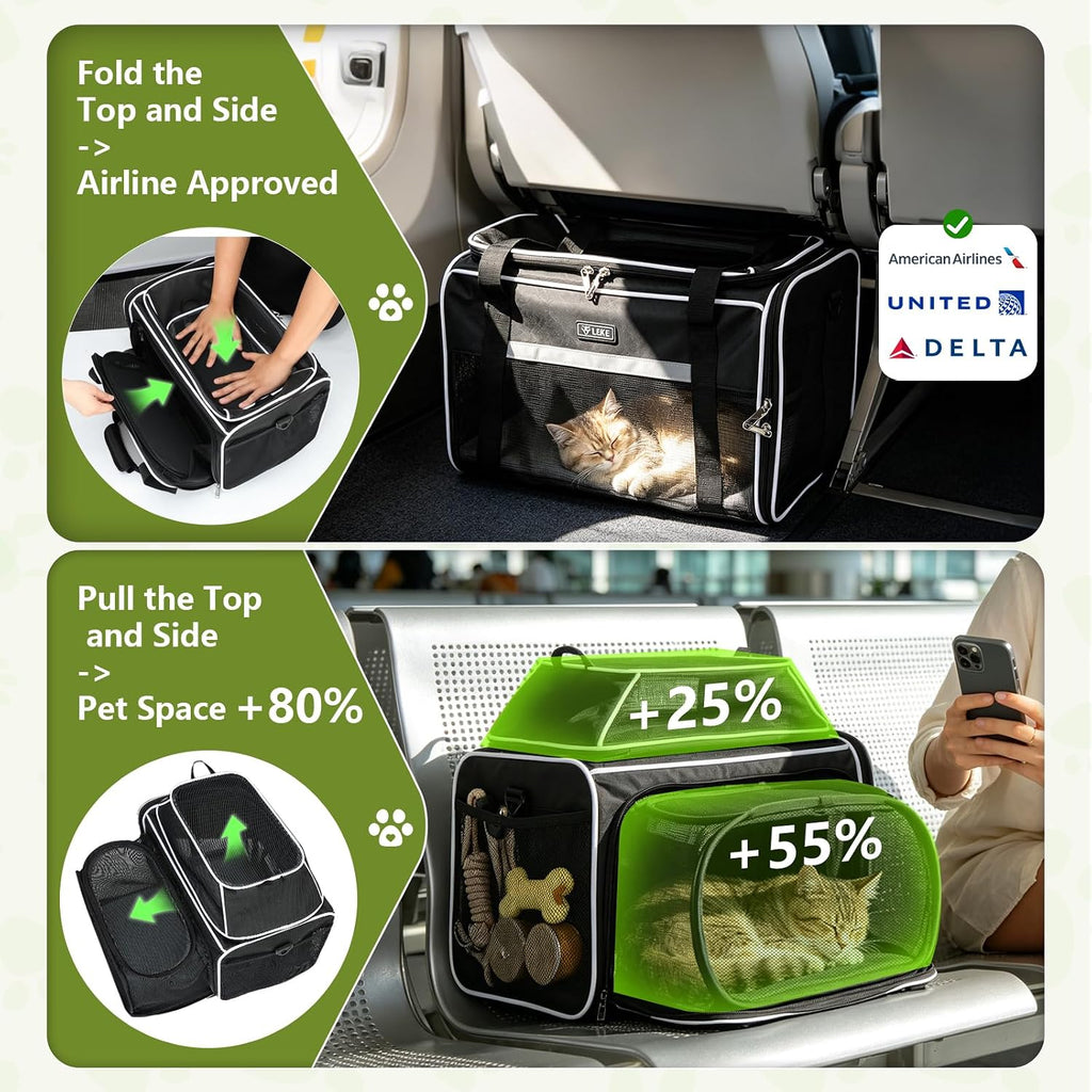 Lekereise Transportador de mascotas expandible superior y lateral de 18 x 11 x 11 pulgadas, aprobado por Delta American United Aerolínea, transportadores de viaje para perros pequeños y gatos con
