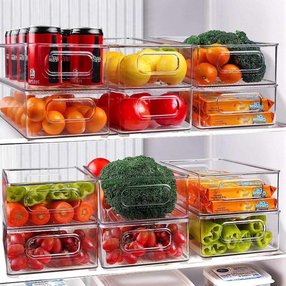 Contenedores organizadores apilables para refrigerador, paquete de 6 contenedores organizadores de cocina transparentes con asas y 20 bolsas de plástico para despensa, armarios, estantes, cajones,