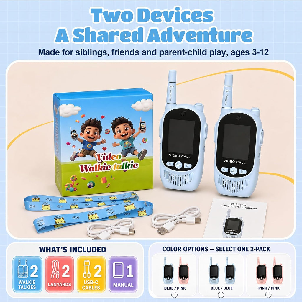 Walkie Talkies de video para niños, paquete de 2 walkie talkies recargables con cámara y pantalla, radios bidireccionales de largo alcance para acampar en interiores y exteriores, regalos para niñas y