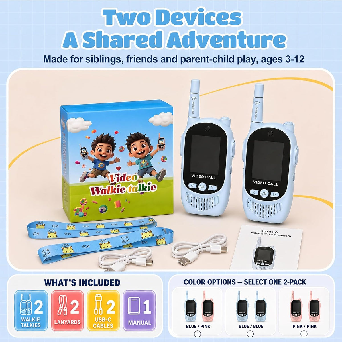 Walkie Talkies de video para niños, paquete de 2 walkie talkies recargables con cámara y pantalla, radios bidireccionales de largo alcance para acampar en interiores y exteriores, regalos para niñas y