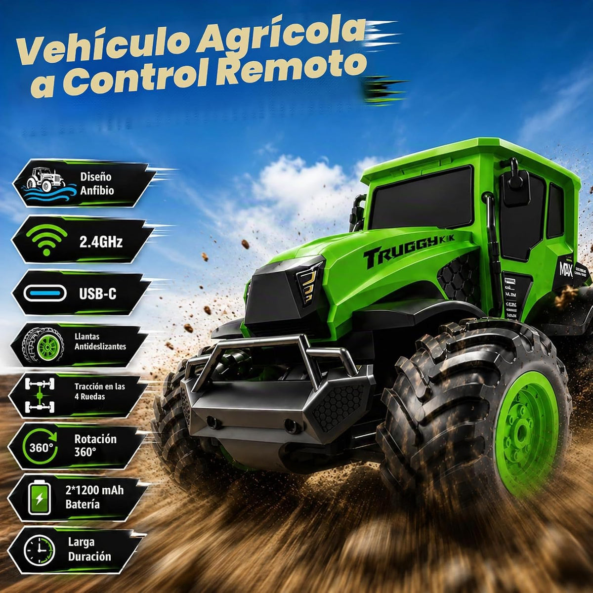 1:14 Amphibious Farm RC Tractor, 2.4GHz 4WD Off-Road Waterproof Stunt Car