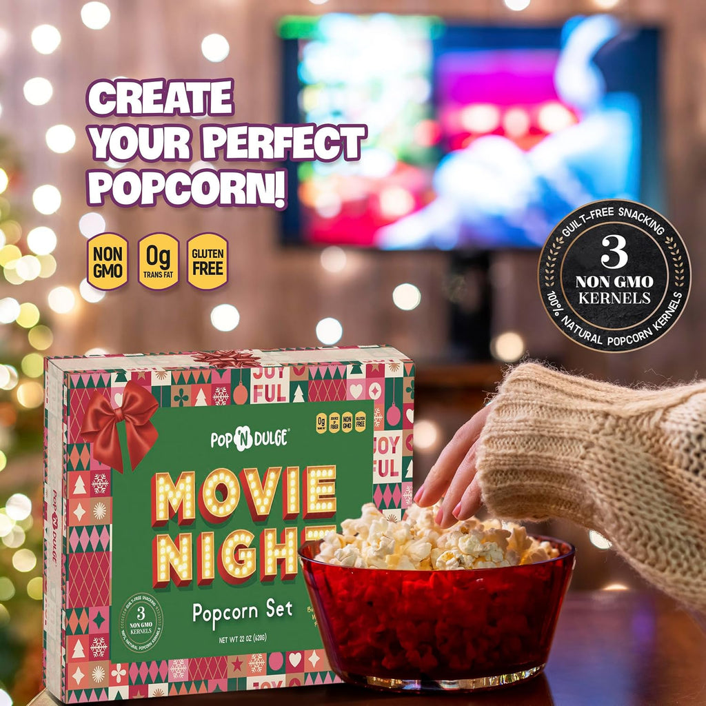 Regalos para Noche de Películas de Navidad - Cestas de Palomitas y Sets de Regalo para fiestas navideñas - 5 granos gourmet non-GMO y 5 saborizantes para palomitas - Ideas de regalo perfectas para familia, adultos, parejas, fiestas o amantes de