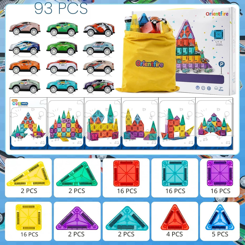 Juego de 93 miniazulejos magnéticos con 12 coches, bloques de construcción