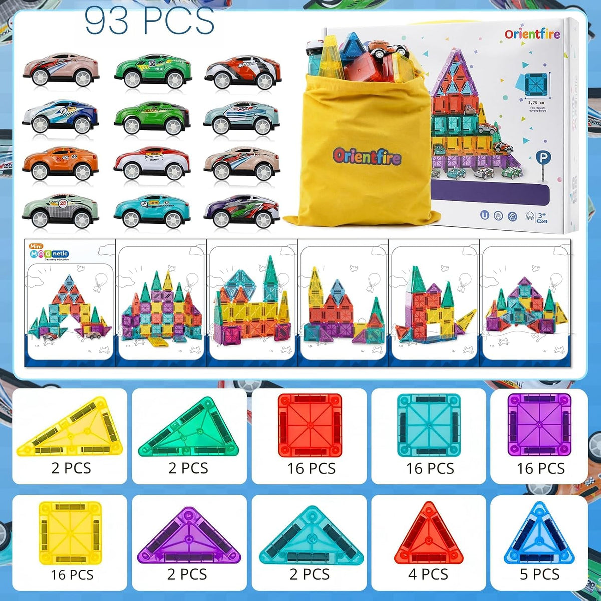 Juego de 93 miniazulejos magnéticos con 12 coches, bloques de construcción