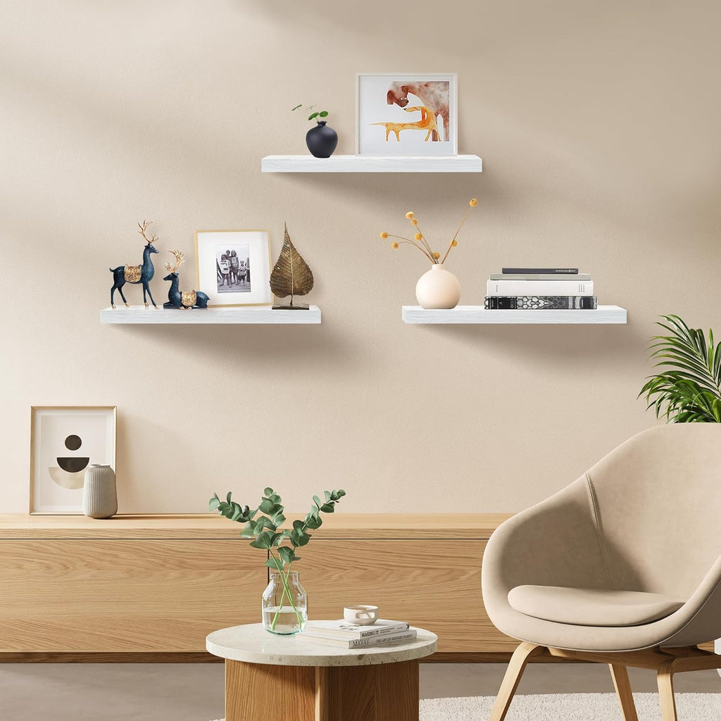 Upassion Estantes flotantes blancos, juego de 3, estantes montados en la pared de 16 pulgadas para decoración del hogar, sala de estar, dormitorio, baño, cocina