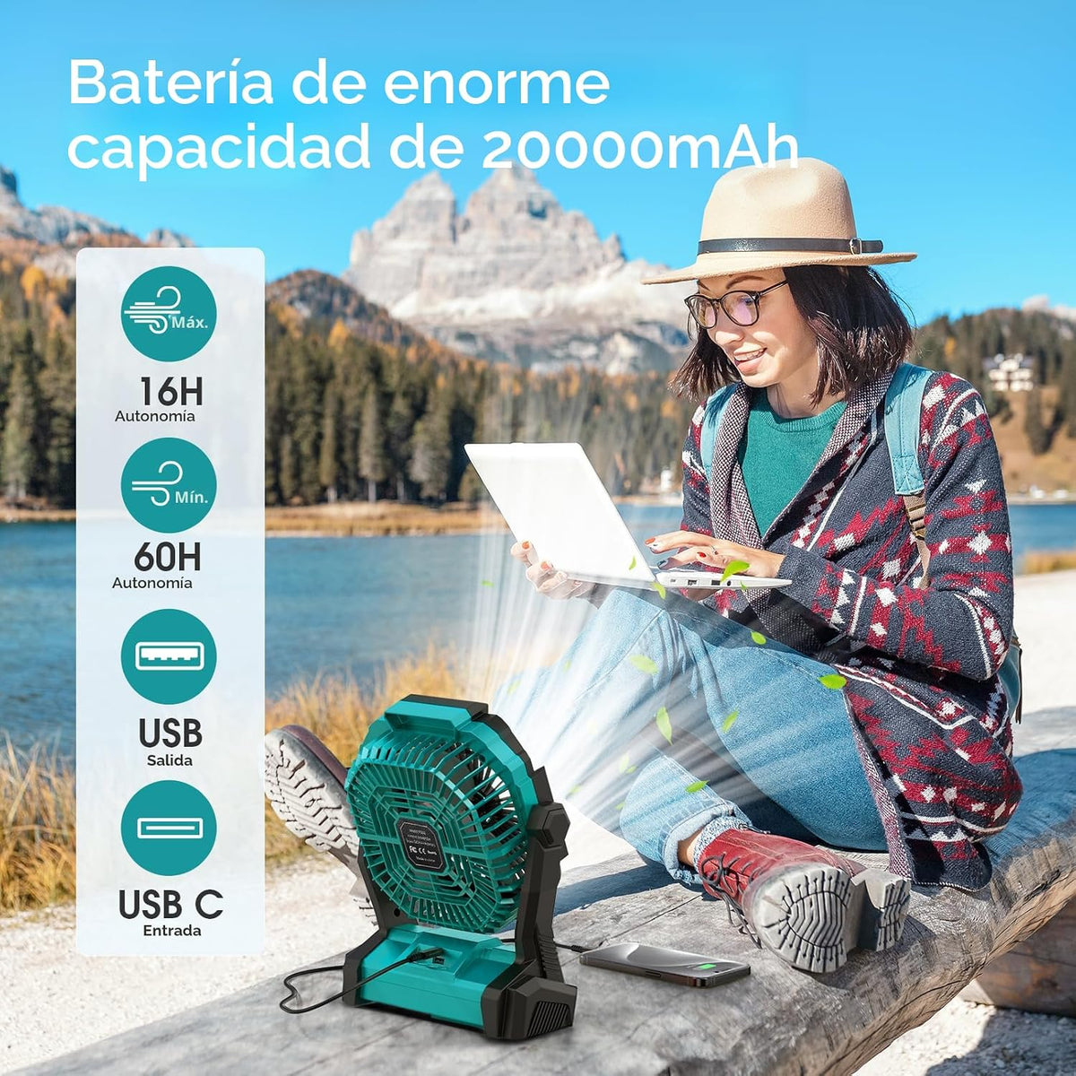 ONLYNEW Ventilador portátil recargable de 20000 mAh, ventilador sin...