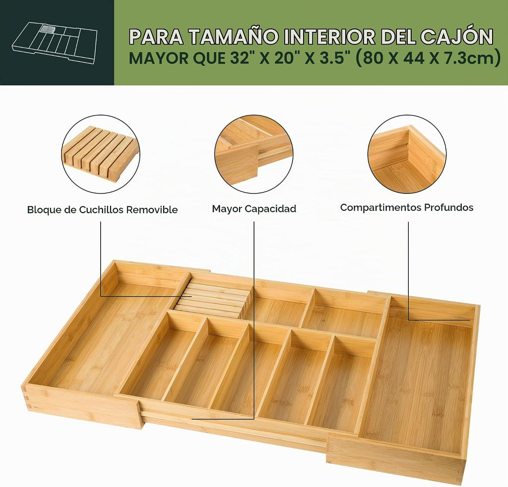 VaeFae Soporte para utensilios de cocina extra grande, organizador de cajones de cubiertos de bambú, organizador de cubiertos expandible con bloque de cuchillos, divisor de cajones multifuncional