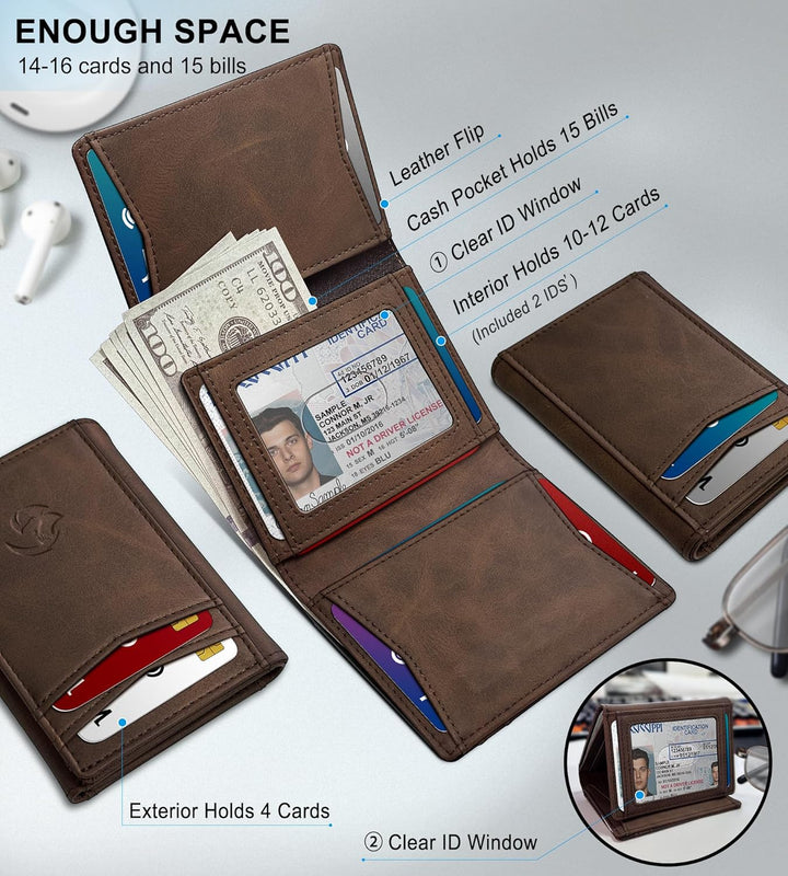 Housmai Billetera de cuero de triple pliegue para hombre, con bolsi...