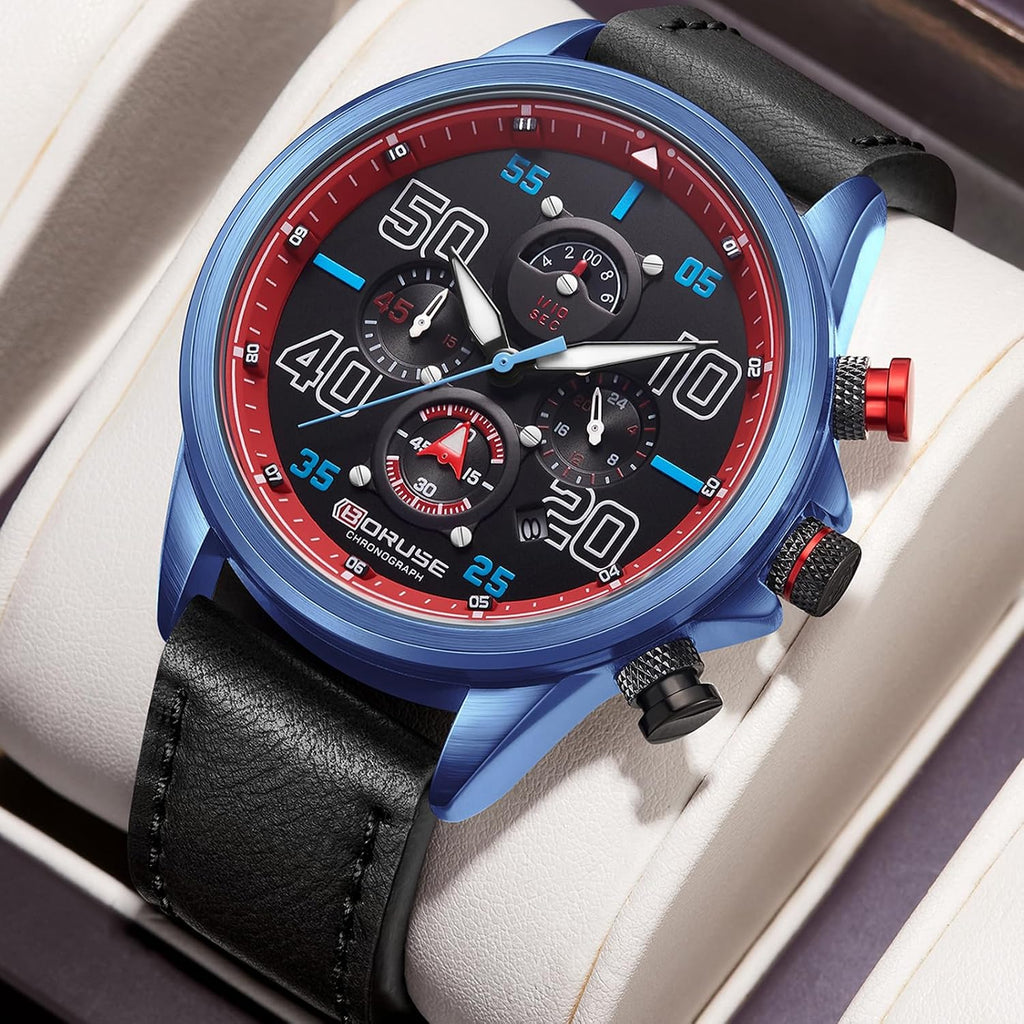 Relojes de negocios para hombre, cronógrafo negro, reloj de cuarzo de cara grande, impermeable, calendario luminoso, reloj analógico para correa de cuero