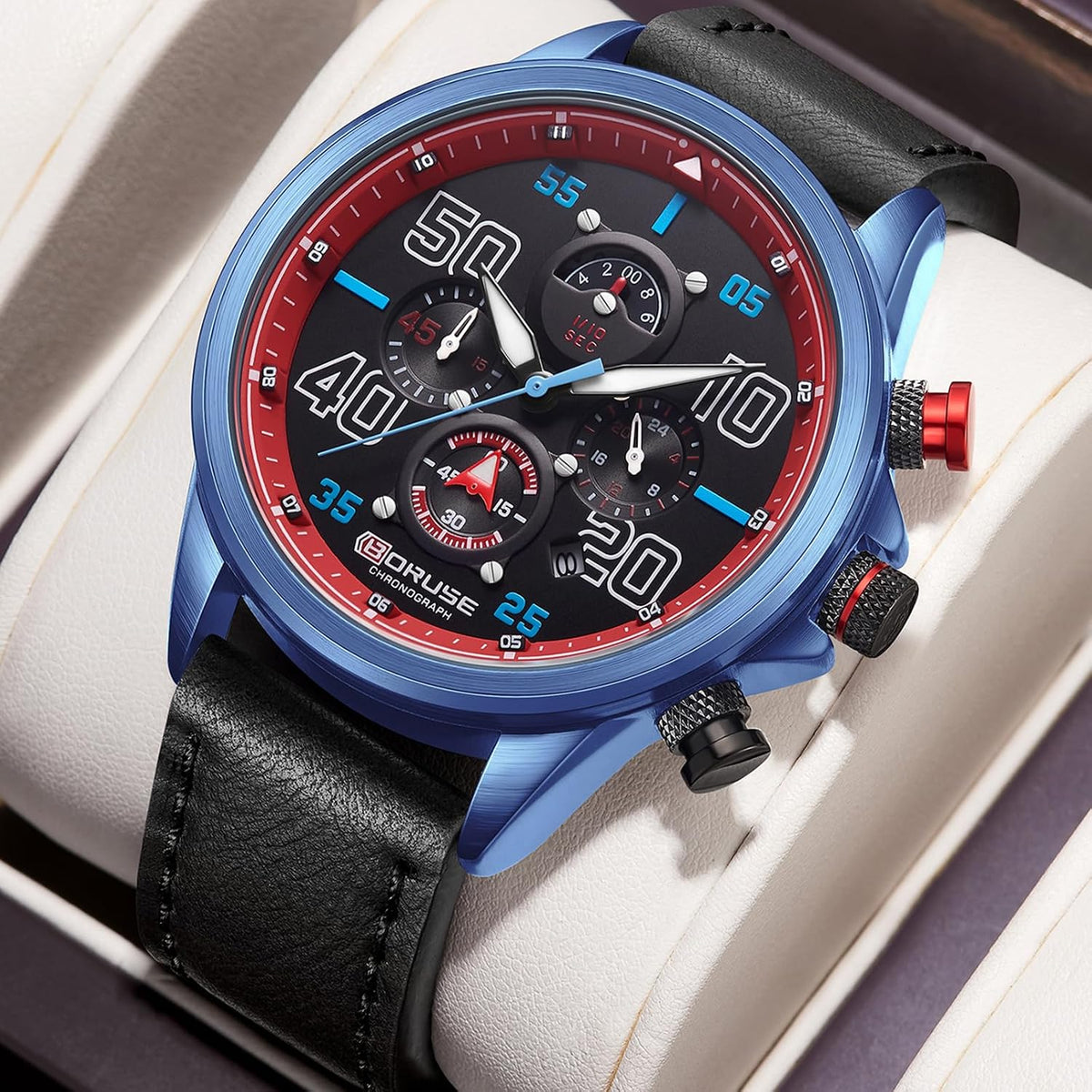 Relojes de negocios para hombre, cronógrafo negro, reloj de cuarzo de cara grande, impermeable, calendario luminoso, reloj analógico para correa de cuero