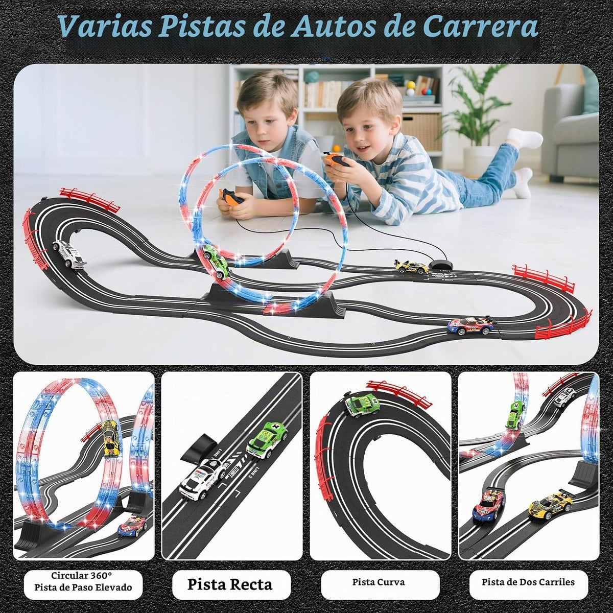 Juegos de carreras 2 en 1 con 4 autos de alta velocidad, pista eléctrica, juego de carreras dual con 2 controladores, diseño de paso elevado circular con pistas flash. Regalo de juguete para niños de 6 a 8 años de 8 a 12 años